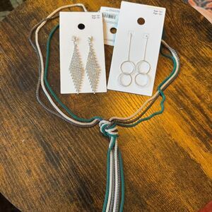 GAP NWT Silver Tone Jewelry Bundle Dangle Earrings  24” Rope Necklace Set